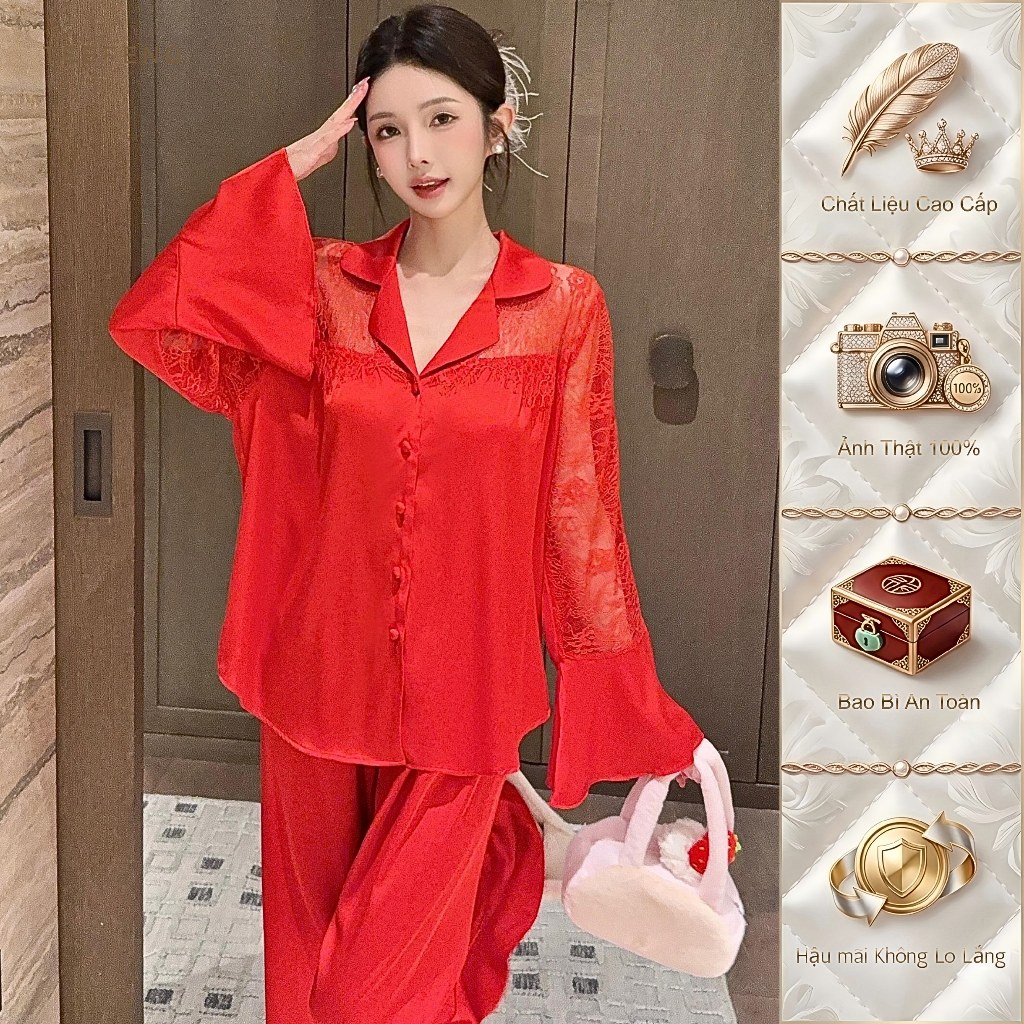 TEEFENG Bộ Đồ Ngủ Nữ Lụa Cao Cấp Ren Phong Cách Sang Trọng Mùa Hè Mặc Nhà