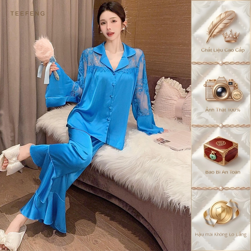 TEEFENG Bộ Đồ Ngủ Nữ Lụa Cao Cấp Ren Phong Cách Sang Trọng Mùa Hè Mặc Nhà