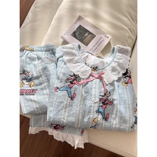 Đồ ngủ bộ hai mảnh nữ với họa tiết Mickey và Vịt Donald, thiết kế ren dài tay quần dài ngọt ngào