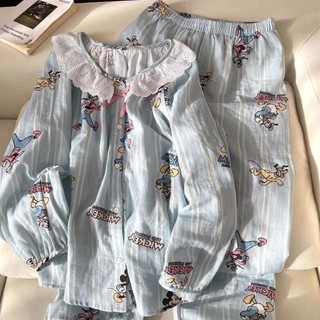 Đồ ngủ bộ hai mảnh nữ với họa tiết Mickey và Vịt Donald, thiết kế ren dài tay quần dài ngọt ngào