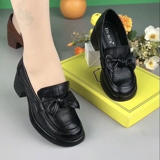 Chính Hãng Da Nữ Da Thật Chính Hãng 2025 Xuân Thu Phong Cách Mới Vừa Dày Một Mảnh Gót Chân Tròn Nơ Cổ Mẹ Loafers Giày Nữ Hợp Thời Trang