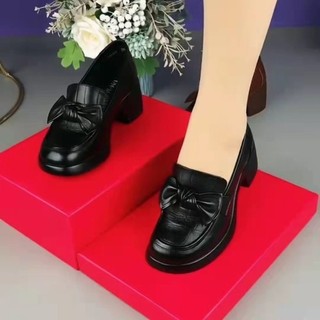 Chính Hãng Da Nữ Da Thật Chính Hãng 2025 Xuân Thu Phong Cách Mới Vừa Dày Một Mảnh Gót Chân Tròn Nơ Cổ Mẹ Loafers Giày Nữ Hợp Thời Trang