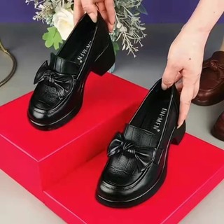 Chính Hãng Da Nữ Da Thật Chính Hãng 2025 Xuân Thu Phong Cách Mới Vừa Dày Một Mảnh Gót Chân Tròn Nơ Cổ Mẹ Loafers Giày Nữ Hợp Thời Trang