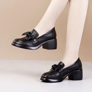 Chính Hãng Da Nữ Da Thật Chính Hãng 2025 Xuân Thu Phong Cách Mới Vừa Dày Một Mảnh Gót Chân Tròn Nơ Cổ Mẹ Loafers Giày Nữ Hợp Thời Trang