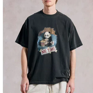 Bắp Rang Ăn Gấu Trúc & "MeTime" In Chữ, 100% Cotton Cổ Tròn Giặt Vintage Đau Khổ Áo Thun Unisex, Áo Thun Nam, Đen Rửa
