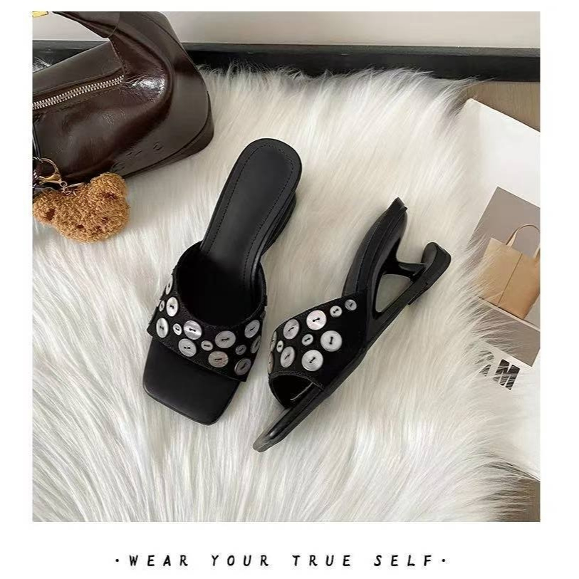 Nữ Cao Gót Dép 2026 Dày Gót 7CM Đen Chống Trơn Trượt Đi Chơi Dép Dép Giày Cao Gót