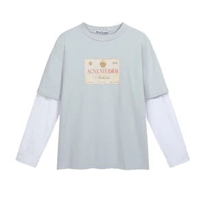 Áo thun 2 trong 1 rách đau khổ phong cách AC có lớp áo sơ mi, Áo thun Unisex dài tay in chữ, Áo thun nam, Xanh lam