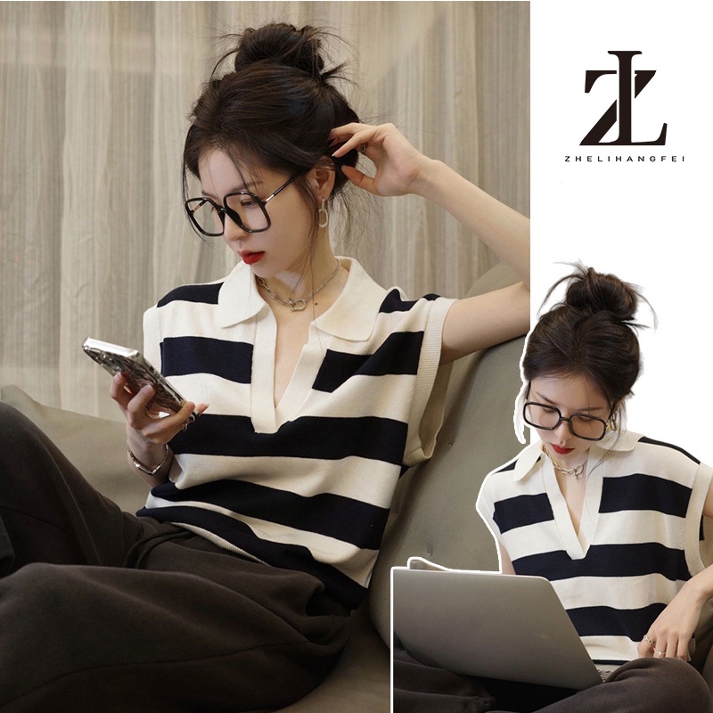 ZHELIHANGFEI Áo sơ mi Polo không tay sọc cổ chữ V mùa hè dành cho nữ