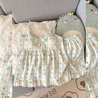 Bộ đồ ngủ nữ với dây đeo và họa tiết anh đào hoạt hình, kèm bộ quần áo gia đình dễ thương