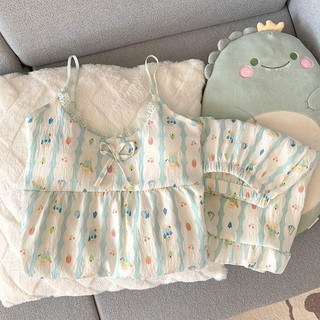 Bộ đồ ngủ nữ với dây đeo và họa tiết anh đào hoạt hình, kèm bộ quần áo gia đình dễ thương