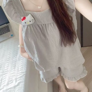Ｂộ đồ ngủ không tay họa tiết mèo hoạt hình dễ thương, mặc ở nhà thoải mái