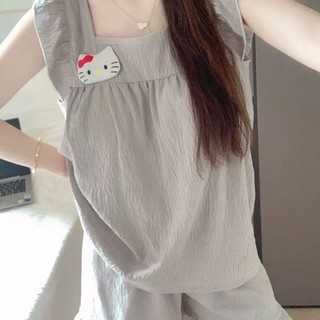 Ｂộ đồ ngủ không tay họa tiết mèo hoạt hình dễ thương, mặc ở nhà thoải mái