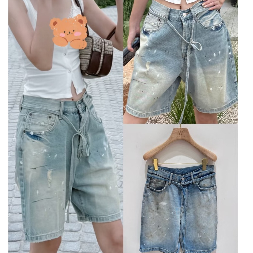 Quần short Denim Capri Denim Capri cổ điển Splash Ink đau khổ, quần short nam