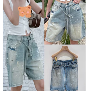 Quần short Denim Capri Denim Capri cổ điển Splash Ink đau khổ, quần short nam
