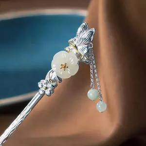 Kẹp tóc nữ phong cách Trung Quốc S925 bạc, ngọc Hetian, thỏ ngọc, phụ kiện Hanfu, mũ đội đầu
