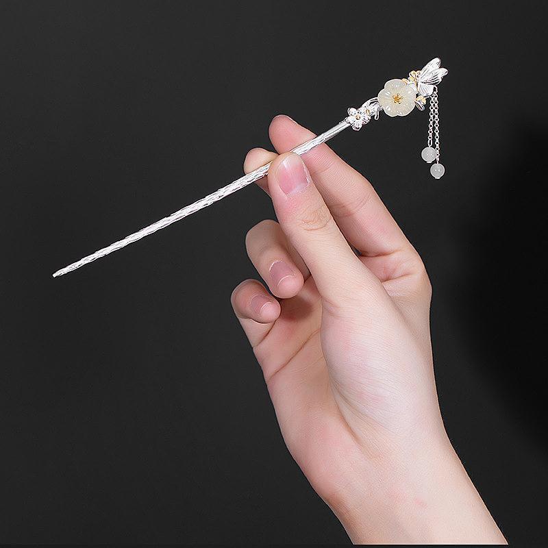 Kẹp tóc nữ phong cách Trung Quốc S925 bạc, ngọc Hetian, thỏ ngọc, phụ kiện Hanfu, mũ đội đầu