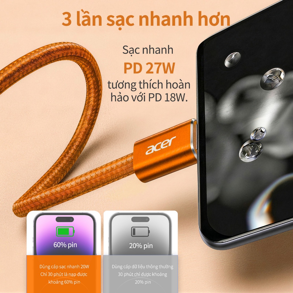 Acer Dây cáp sạc nhanh Type C sang L 27W PD Cáp USB C truyền dữ liệu cho Với cáp dữ liệu truyền dữ liệu 480 Mbps 20W Thích hợp cho IP 11 12 13 14 máy tính bảng UC0025