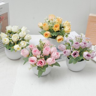 Nhân Tạo Hoa Hồng Trong Chậu Mini Giả Thực Vật Mô Phỏng Lụa Cây Cảnh Nhà Phòng Văn Phòng Trang Trí Bàn Thẩm Mỹ Vintage Quà Tặng Nhỏ Nồi Nhựa Bud Thực Tế