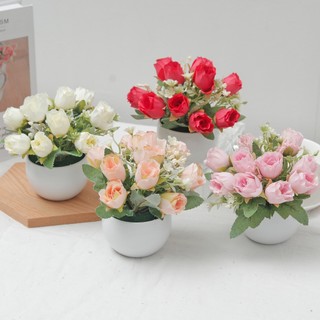 Nhân Tạo Hoa Hồng Trong Chậu Mini Giả Thực Vật Mô Phỏng Lụa Cây Cảnh Nhà Phòng Văn Phòng Trang Trí Bàn Thẩm Mỹ Vintage Quà Tặng Nhỏ Nồi Nhựa Bud Thực Tế