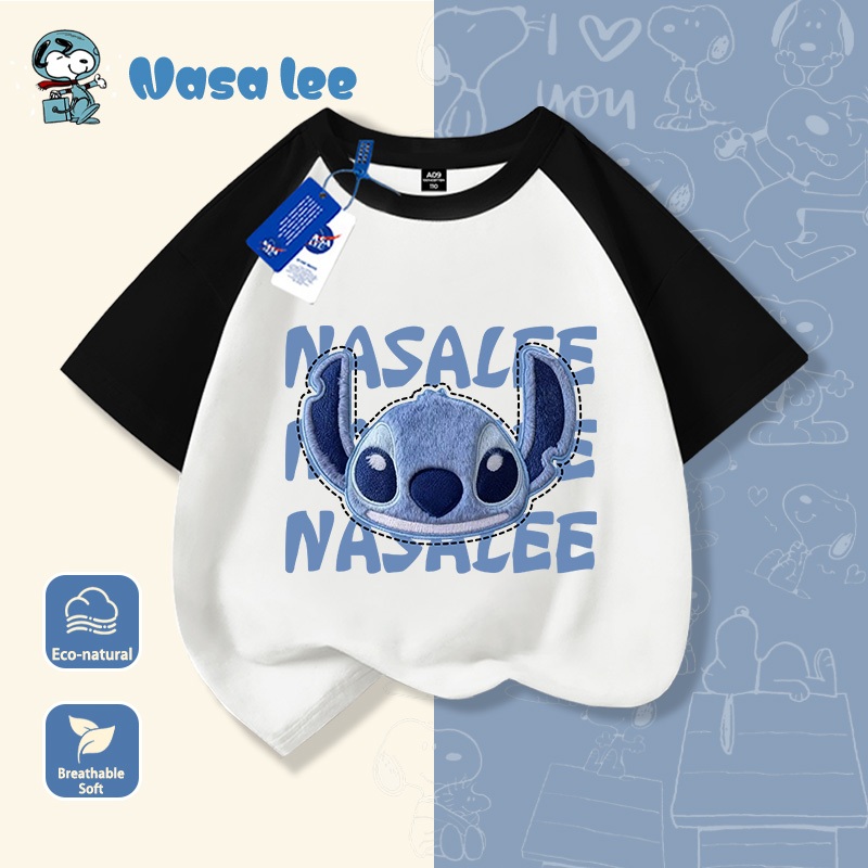 Áo thun tay ngắm màu xanh dương kiểu mới 2026 in hình Stitch dễ thương   Chất liệu cotton cao cấp, thiết kế độc đáo, phong cách nhỏ, áo trẻ em