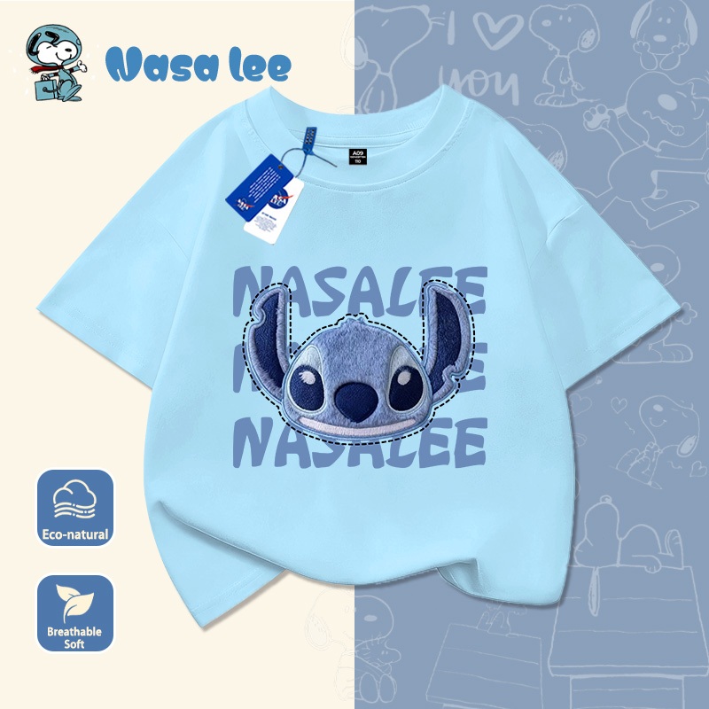 Áo thun tay ngắm màu xanh dương kiểu mới 2026 in hình Stitch dễ thương   Chất liệu cotton cao cấp, thiết kế độc đáo, phong cách nhỏ, áo trẻ em