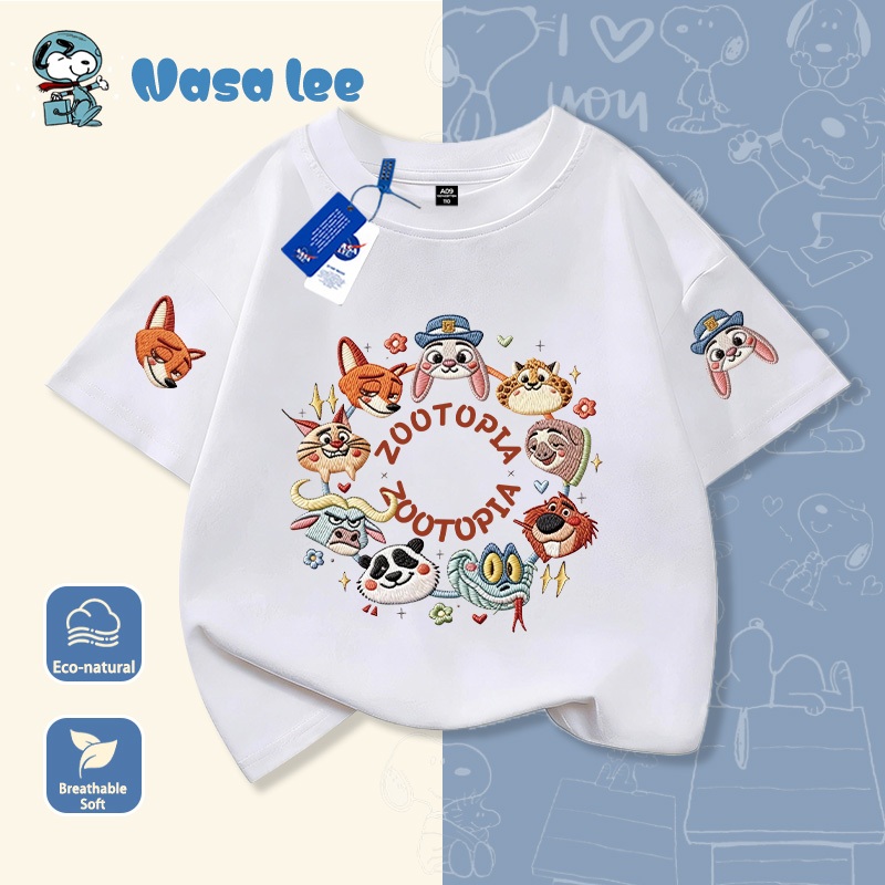 Áo thun tay ngắn cotton in hình hoạt hình Zootopia kiểu giả thêu cho bé trai và bé gái