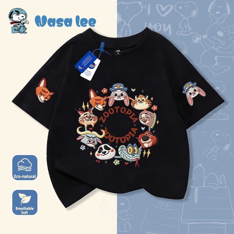 Áo thun tay ngắn cotton in hình hoạt hình Zootopia kiểu giả thêu cho bé trai và bé gái