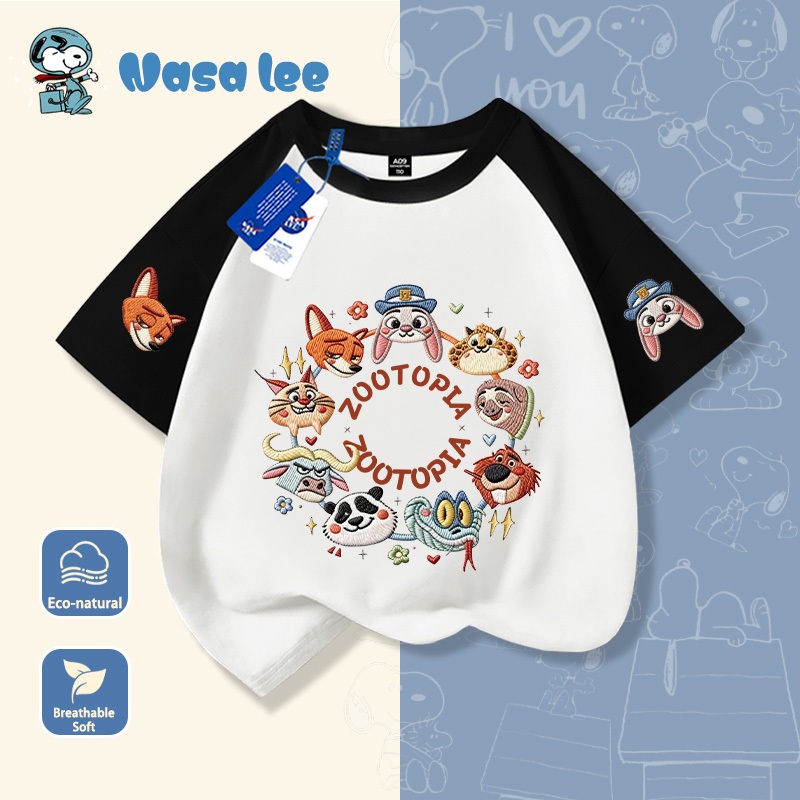 Áo thun tay ngắn cotton in hình hoạt hình Zootopia kiểu giả thêu cho bé trai và bé gái