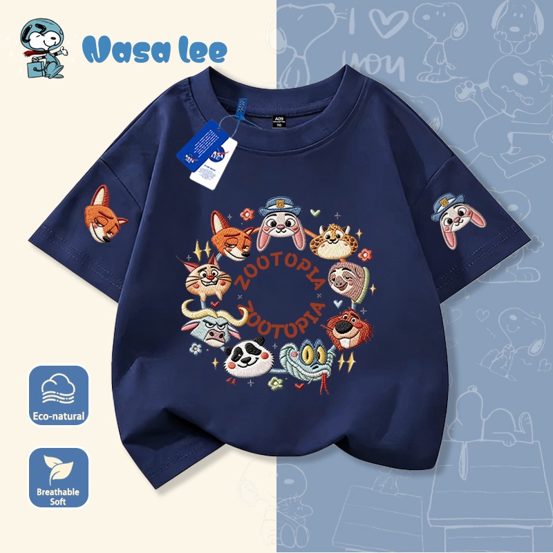 Áo thun tay ngắn cotton in hình hoạt hình Zootopia kiểu giả thêu cho bé trai và bé gái