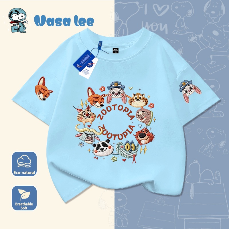 Áo thun tay ngắn cotton in hình hoạt hình Zootopia kiểu giả thêu cho bé trai và bé gái