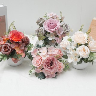 Cây hoa giả mini nhân tạo: hoa hồng, cẩm tú cầu, chậu nhỏ để bàn trang trí, bàn cưới, văn phòng, trung tâm