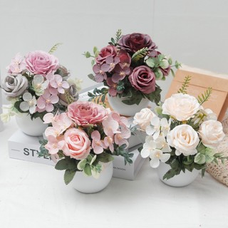 Cây hoa giả mini nhân tạo: hoa hồng, cẩm tú cầu, chậu nhỏ để bàn trang trí, bàn cưới, văn phòng, trung tâm