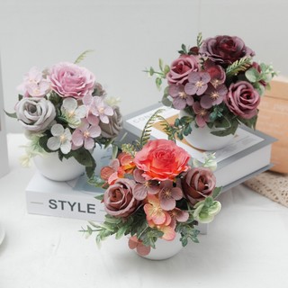 Cây hoa giả mini nhân tạo: hoa hồng, cẩm tú cầu, chậu nhỏ để bàn trang trí, bàn cưới, văn phòng, trung tâm