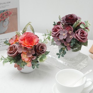 Cây hoa giả mini nhân tạo: hoa hồng, cẩm tú cầu, chậu nhỏ để bàn trang trí, bàn cưới, văn phòng, trung tâm