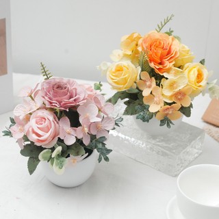Cây hoa giả mini nhân tạo: hoa hồng, cẩm tú cầu, chậu nhỏ để bàn trang trí, bàn cưới, văn phòng, trung tâm