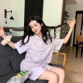 Bộ đồ ngủ nữ ngắn tay phong cách nông thôn với họa tiết hoa và in hình hoạt hình