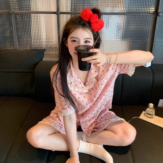 Bộ đồ ngủ nữ thiết kế ngôi sao đáng yêu, viền ren ngắn tay