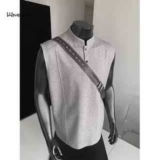 Màu Xám Henry Cổ Áo polo Không Tay Nam Phong Cách Mỹ Phong Cách Mỹ Giải Cấu Trúc Khâu Mặt Trước Vai Áo Thun boxy Phiên Bản Bên Trong Áo