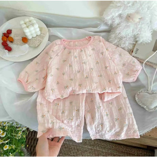 Trẻ Em Tay Ngắn Phù Hợp Với Mỏng Phong Cách Mới Bé Gái Bộ Đồ Ngủ Mùa Hè Quần Áo Nhà Bảy Điểm Điều Hòa Không Khí Bộ Đồ Hai Mảnh