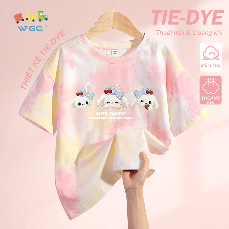W.G.Q Áo thun bé gái，thiết kế nhuộm tie-dye，Vải Cotton nguyên chất mềm mại thoải mái，thoáng khí thấm mồ hôi in hình thỏ