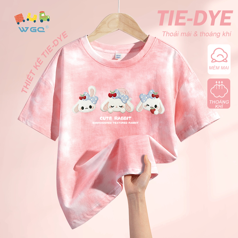 W.G.Q Áo thun bé gái，thiết kế nhuộm tie-dye，Vải Cotton nguyên chất mềm mại thoải mái，thoáng khí thấm mồ hôi in hình thỏ