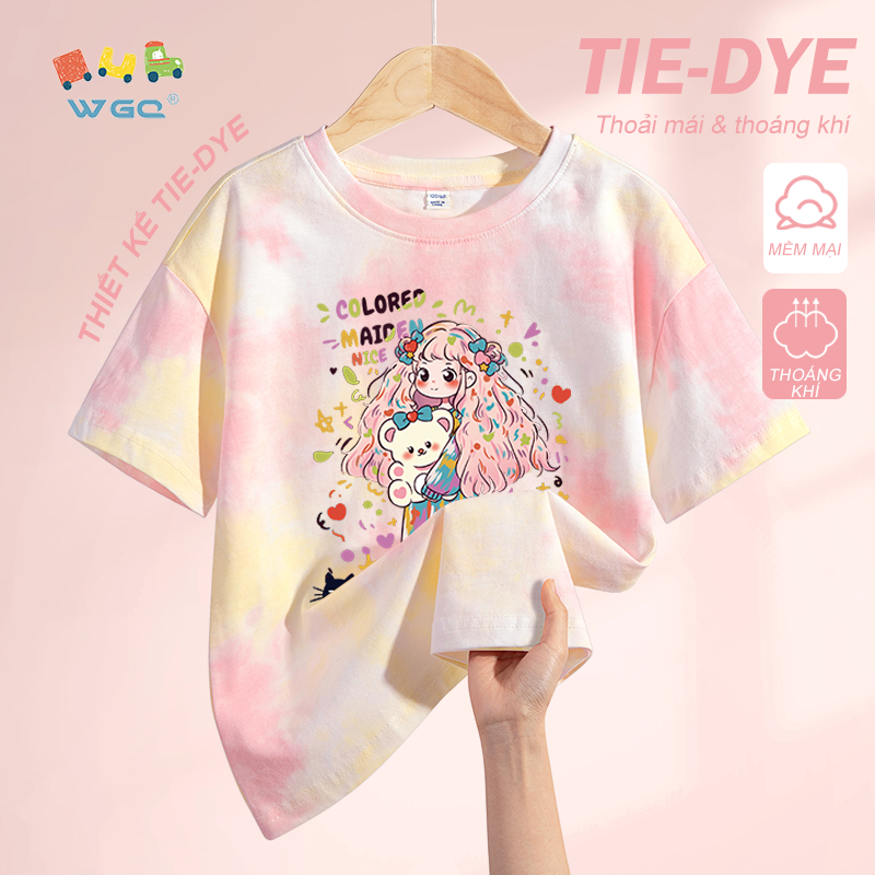 W.G.Q Áo thun bé gái，thiết kế nhuộm tie-dye，vải Cotton nguyên chất mềm mại thoải mái，giảm mồ hôi thoáng khí