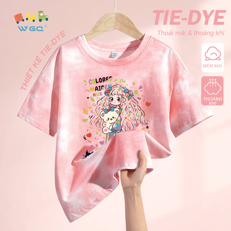 W.G.Q Áo thun bé gái，thiết kế nhuộm tie-dye，vải Cotton nguyên chất mềm mại thoải mái，giảm mồ hôi thoáng khí