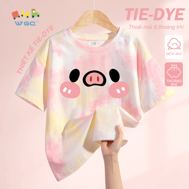 W.G.Q Áo thun bé gái，thiết kế nhuộm tie-dye，vải Cotton nguyên chất mềm mại thoải mái，thấm mồ hôi thoáng khí dễ thương