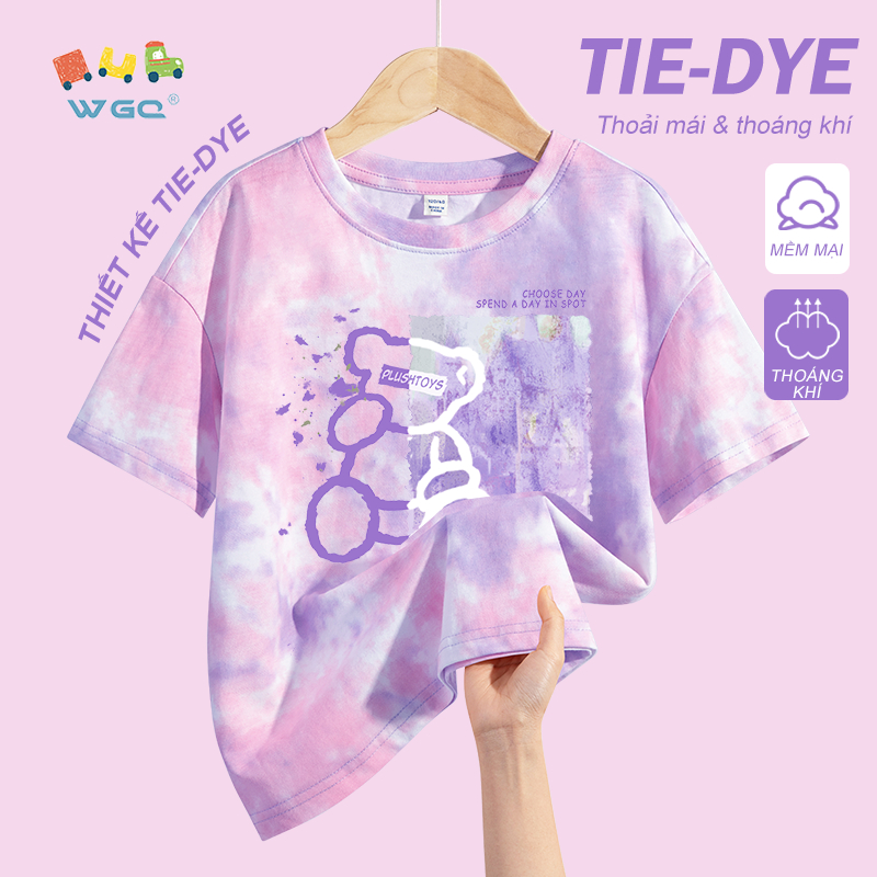 W.G.Q Áo thun bé gái，thiết kế nhuộm tie-dye，vải Cotton nguyên chất mềm mại thoải mái，giảm mồ hôi thoáng khí