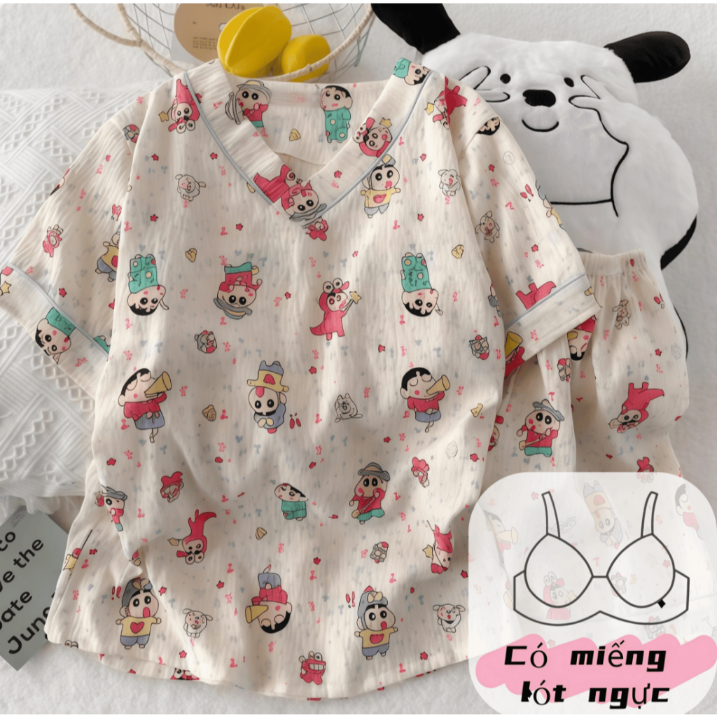 【Mẫu có đệm ngực】Bộ đồ ngủ nữ tay ngắn quần short cotton cổ trơn xuân hè 2026 in hình đáng yêu thoáng mát mặc nhà mặc ngoài