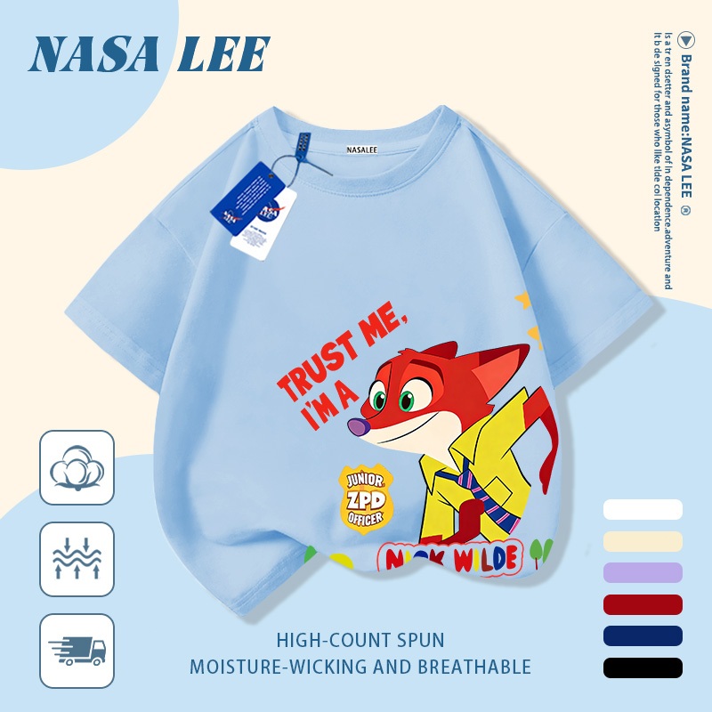 [Giao hàng trong ngày] Áo thun Cotton thoáng khí màu trắng cho trẻ em NASA In hình cáo 3-16 tuổi Bé trai bé gái tay ngắn thông thường