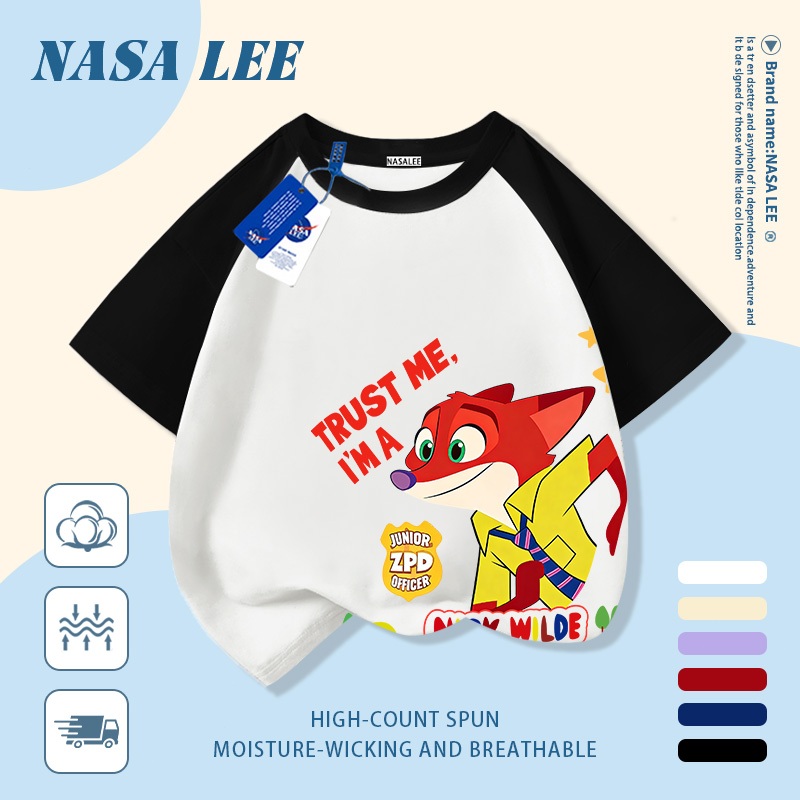 [Giao hàng trong ngày] Áo thun Cotton thoáng khí màu trắng cho trẻ em NASA In hình cáo 3-16 tuổi Bé trai bé gái tay ngắn thông thường