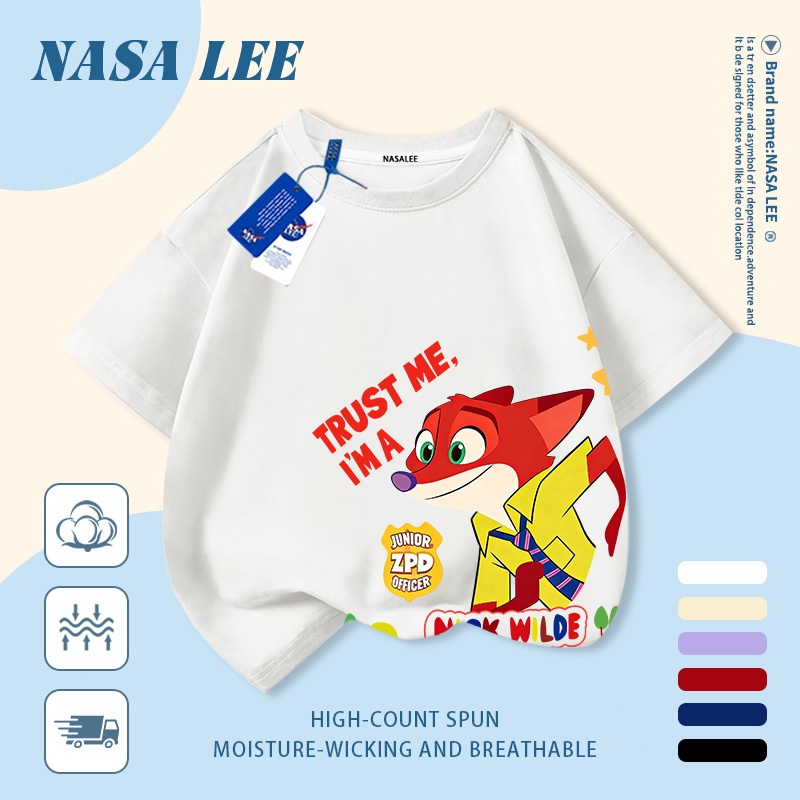 [Giao hàng trong ngày] Áo thun Cotton thoáng khí màu trắng cho trẻ em NASA In hình cáo 3-16 tuổi Bé trai bé gái tay ngắn thông thường