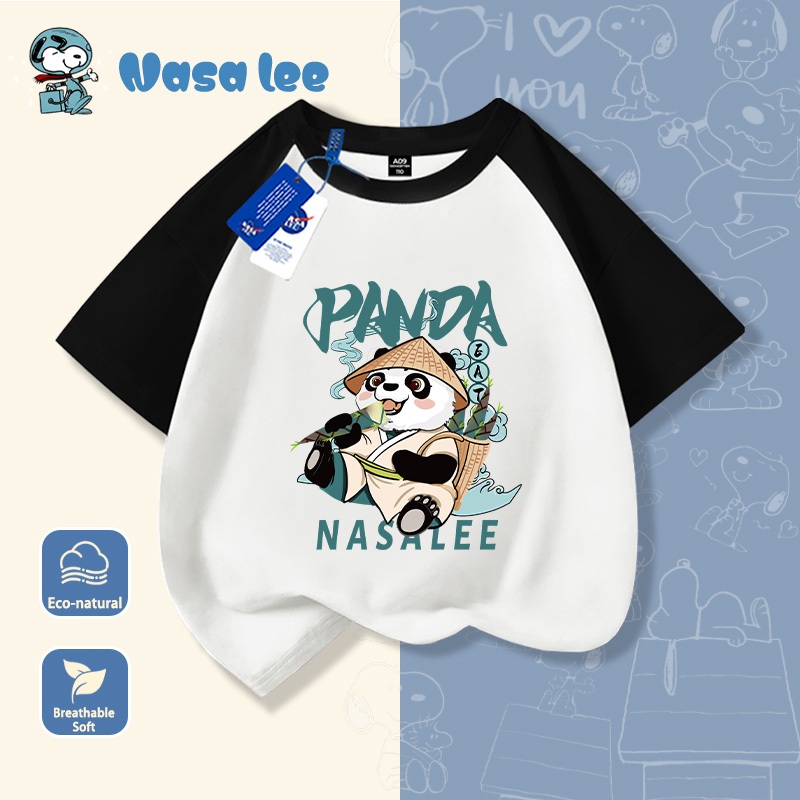 Áo thun tay ngắn trẻ em in gấu trúc hoạt hình, chất liệu 100% cotton, mẫu mới mùa hè cho bé trai và bé gái từ trung bình đến lớn.